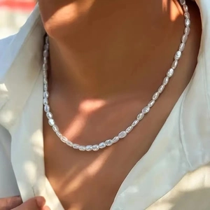Mens fashion baroque irregular pearl necklace with natural luster and stainless steel finish