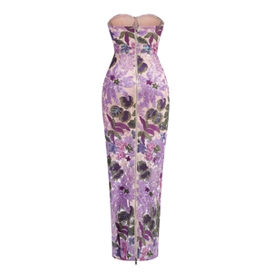 Detailed back view of purple floral sequin embroidery with long metal zipper closure