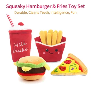 Dog Squeaky Toys Soft Plush Crystal Velvet Crinkle Paper Fast Food Burger Fries Milkshake Pizza Shape Interactive Toy