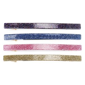 Glitter acrylic geometric hair clips in purple, blue, pink and gold with metal clips