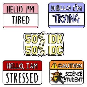 Five humorous English quote enamel pins featuring colorful geometric speech bubbles for bags