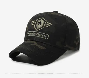 Close-up of camouflage baseball cap with embroidered star shield and ripstop texture