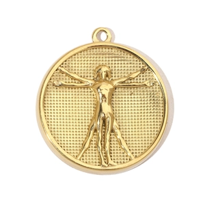 Golden titanium steel pendant featuring a detailed relief of the Vitruvian Man design