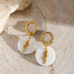 Elegant gold-plated stainless steel snake earrings with white shell disc on textured stone