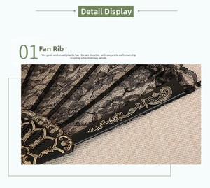 Detail of black lace folding fan with gold-stamped patterns on plastic ribs
