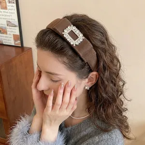 Deep brown velvet wide headband with a sparkling rhinestone rectangular buckle for women