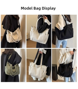 Detail showing various colors of large capacity corduroy tote bag with side pockets