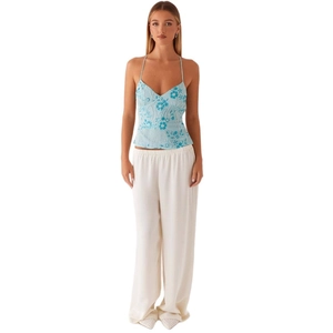 Women's blue sequin embroidery tank top and white wide-leg trousers summer outfit