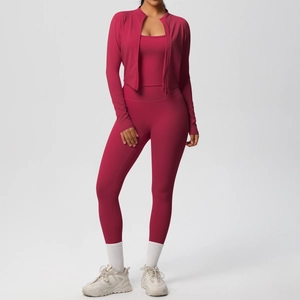 Three-piece yoga set with raspberry red brushed fabric jacket, tank top and leggings