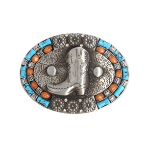 Vintage western cowboy belt buckle with embossed boot, turquoise beads and floral carvings