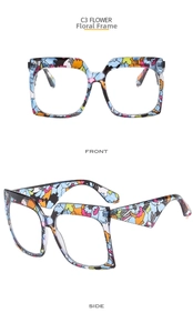 Front and side view of large square glasses frame with colorful floral texture pattern