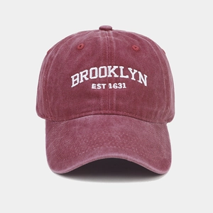 Washed burgundy cotton baseball cap with Brooklyn embroidery and vintage distressed finish