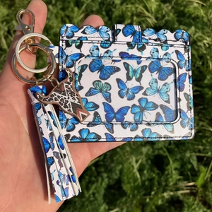 Blue butterfly PU leather card holder with tassel keychain and metallic ox head charm