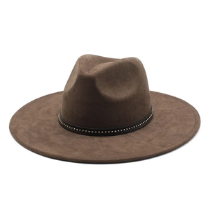 Classic brown wool fedora hat with black leather rivet band on white background