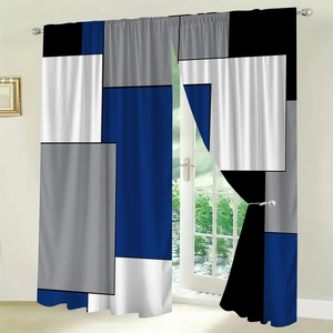Detail of modern geometric block blackout curtains in blue and gray polyester fabric