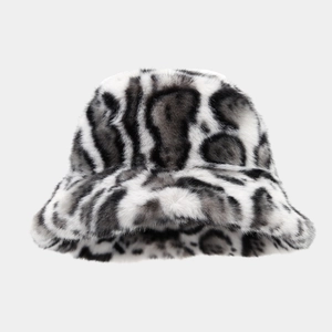 Chic black and white leopard print faux fur bucket hat for winter warmth and style