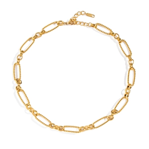 Minimalist 18K gold plated stainless steel necklace with twisted oval links on white background