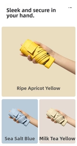 Detailed view of compact mini pocket umbrellas in yellow, blue and beige tones