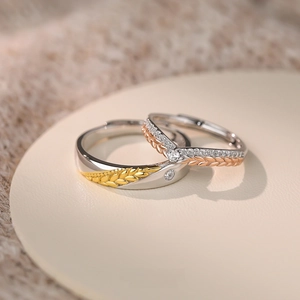 S925 sterling silver couple rings with wheat ear design and sparkling cubic zirconia