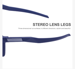 Close-up of geometric stereo lens legs on blue cycling sunglasses with a matte plastic finish