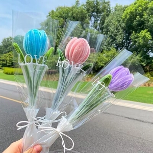 Handmade pipe cleaner tulip bouquet in blue, pink, and purple colors for gift