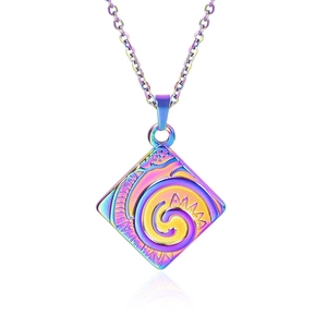 Macro shot of a rhombus pendant with a colorful rainbow finish and swirl sunburst pattern