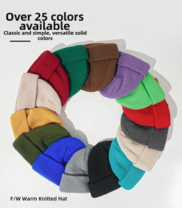 Flat lay of colorful acrylic knit beanies showcasing diverse color options for winter