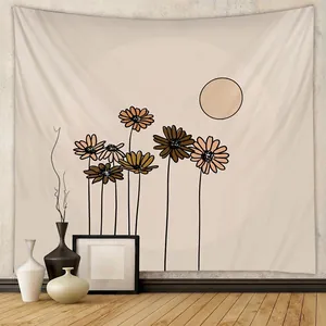 Bohemian Wall Tapestry Minimalist Line Art Sunflower Sun Hanging Cloth Aesthetic Polyester Fabric Home Decor For Bedroom