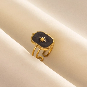 Adjustable 304 stainless steel gold ring with black enamel rectangle and starburst pattern