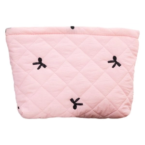 Pink quilted trapezoid makeup bag with black bow embroidery and spacious storage