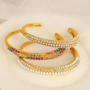 Elegant gold-plated open C-shaped bracelets with triple-row cubic zirconia and white pearls