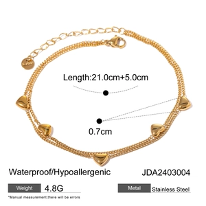 Gold stainless steel double layer heart charm anklet with adjustable extension chain
