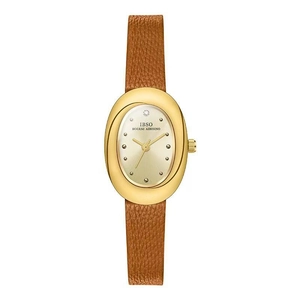 Montre quartz femme élégante avec boîtier ovale doré et bracelet en cuir marron