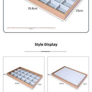 Detail of bamboo jewelry display tray with 24-grid velvet lining and measurements
