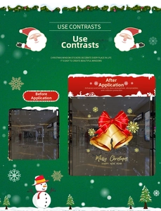 Detail of Christmas window stickers showing gold bells and white snowflakes on a glass door