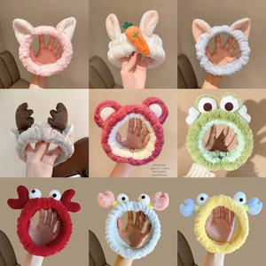 Detailed grid view of plush cartoon headbands in various animal shapes for face washing