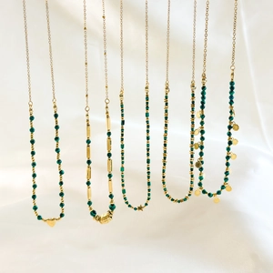 Bohemian 18K gold plated stainless steel necklaces with green malachite beads and charms