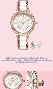 Detail of SENO rose gold watch with white ceramic strap and diamond-set bezel texture