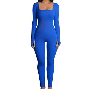 Slim fit square neck ribbed knit jumpsuit for women in cobalt blue with thumbholes