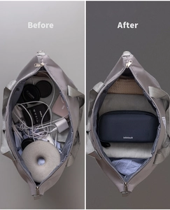 Before and after comparison of digital organizer bag showing tidy cable storage