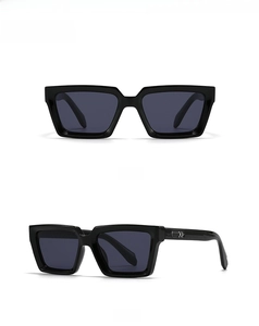 Front and 45 degree side view of square black sunglasses with silver arrow detail