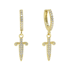 Gold hoop earrings with zircon-encrusted dagger charms for a trendy hip-hop style