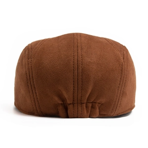 Brown faux suede newsboy cap featuring an elastic back view for adjustable sizing