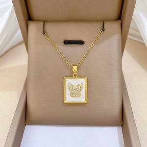 Square Shell Butterfly Necklace Stainless Steel Chain Cubic Zirconia Inlaid Copper Pendant Elegant Clavicle Chain Women