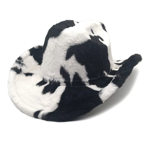 Cow Print Faux Fur Cowboy Hat Western Style Wide Brim Warm Plush Winter Outdoor Fashion For Women