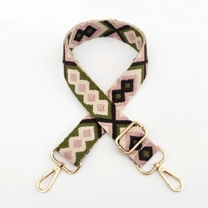 Detail of colorful geometric diamond pattern jacquard strap with gold metal hooks