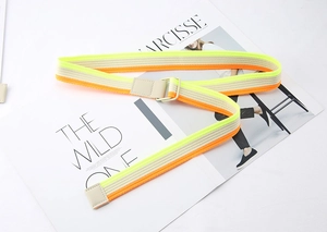 Detail of colorful striped canvas belt with double D-ring buckle on a magazine