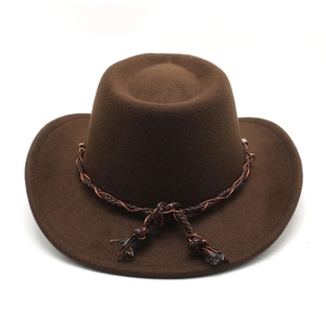 Cappello da cowboy classico in feltro di lana marrone scuro con fascia intrecciata e nappe