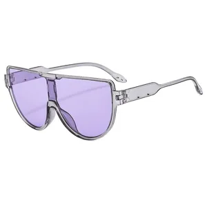 Fashionable semi-round shield sunglasses with lavender lenses and transparent frame