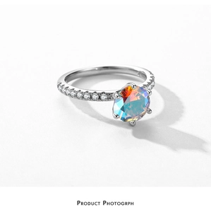 Detailed view of S925 silver ring featuring six-prong set colorful zircon and pavé band